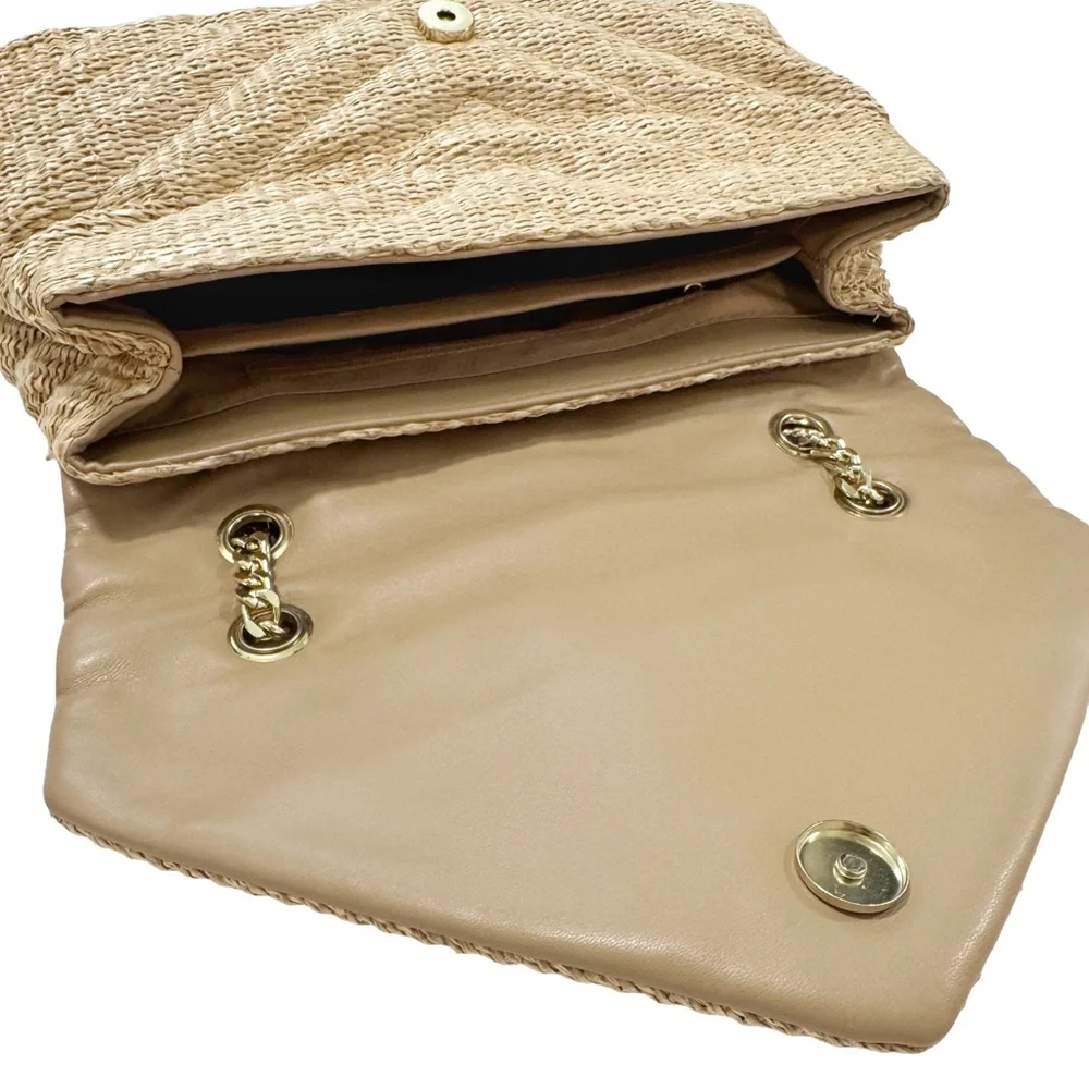 Straw Raffia Cream Tan Chevron Flap Shoulder Crossbody Bag - Picture 6 of 9